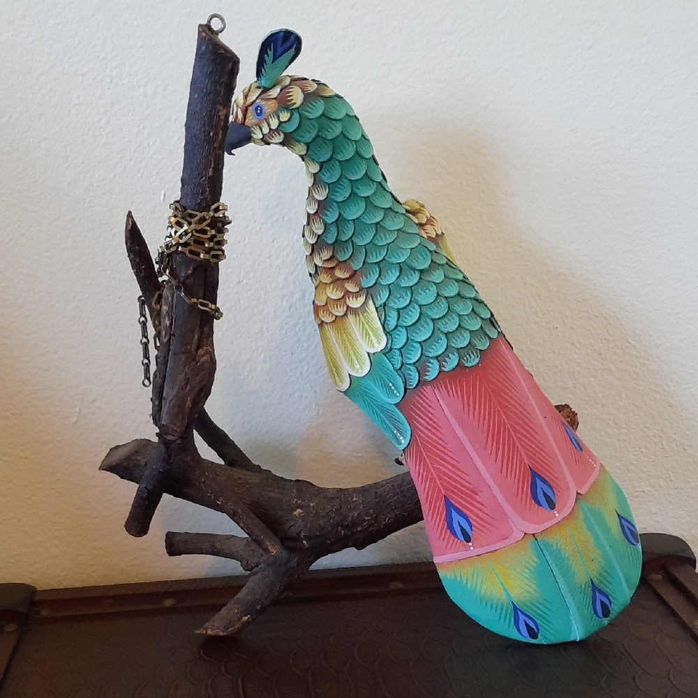 Colorful Leather Peacock Figurine on Branch